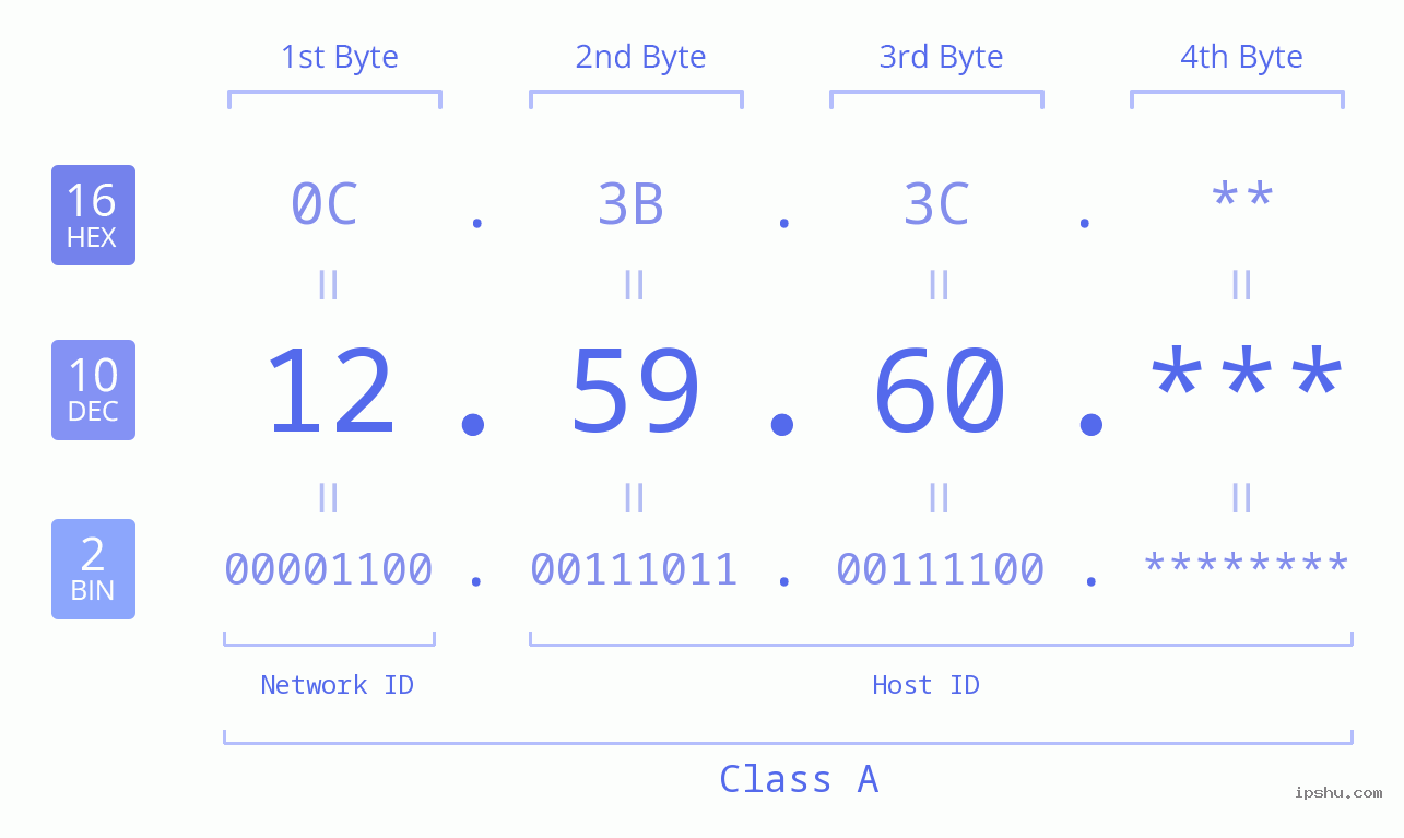IP Address: 12.59.60 Data Structure Chart BIN DEC HEX IPv4: 12.59.60 Network Class, Net ID, Host ID