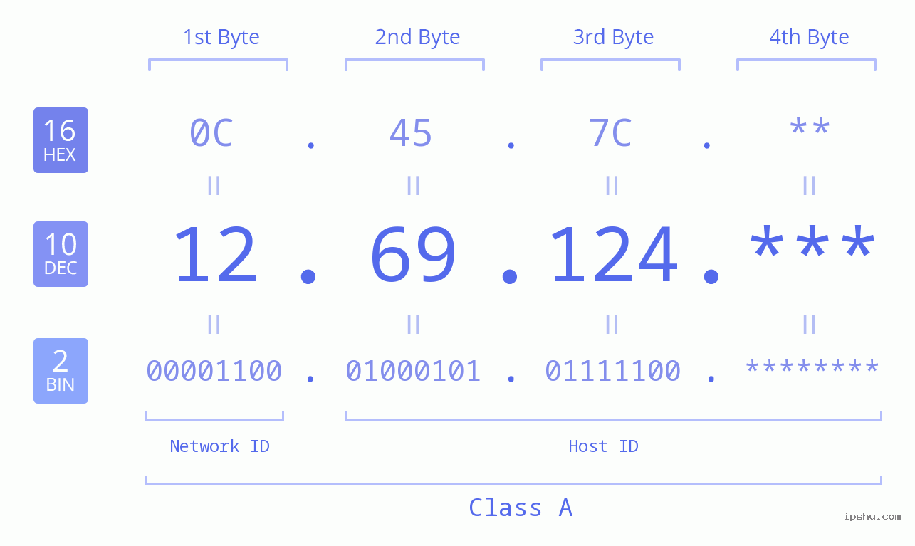 IP Address: 12.69.124 Data Structure Chart BIN DEC HEX IPv4: 12.69.124 Network Class, Net ID, Host ID