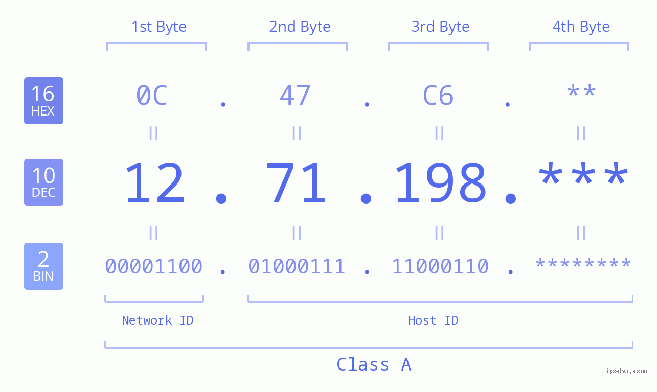 IP Address: 12.71.198 Data Structure Chart BIN DEC HEX IPv4: 12.71.198 Network Class, Net ID, Host ID