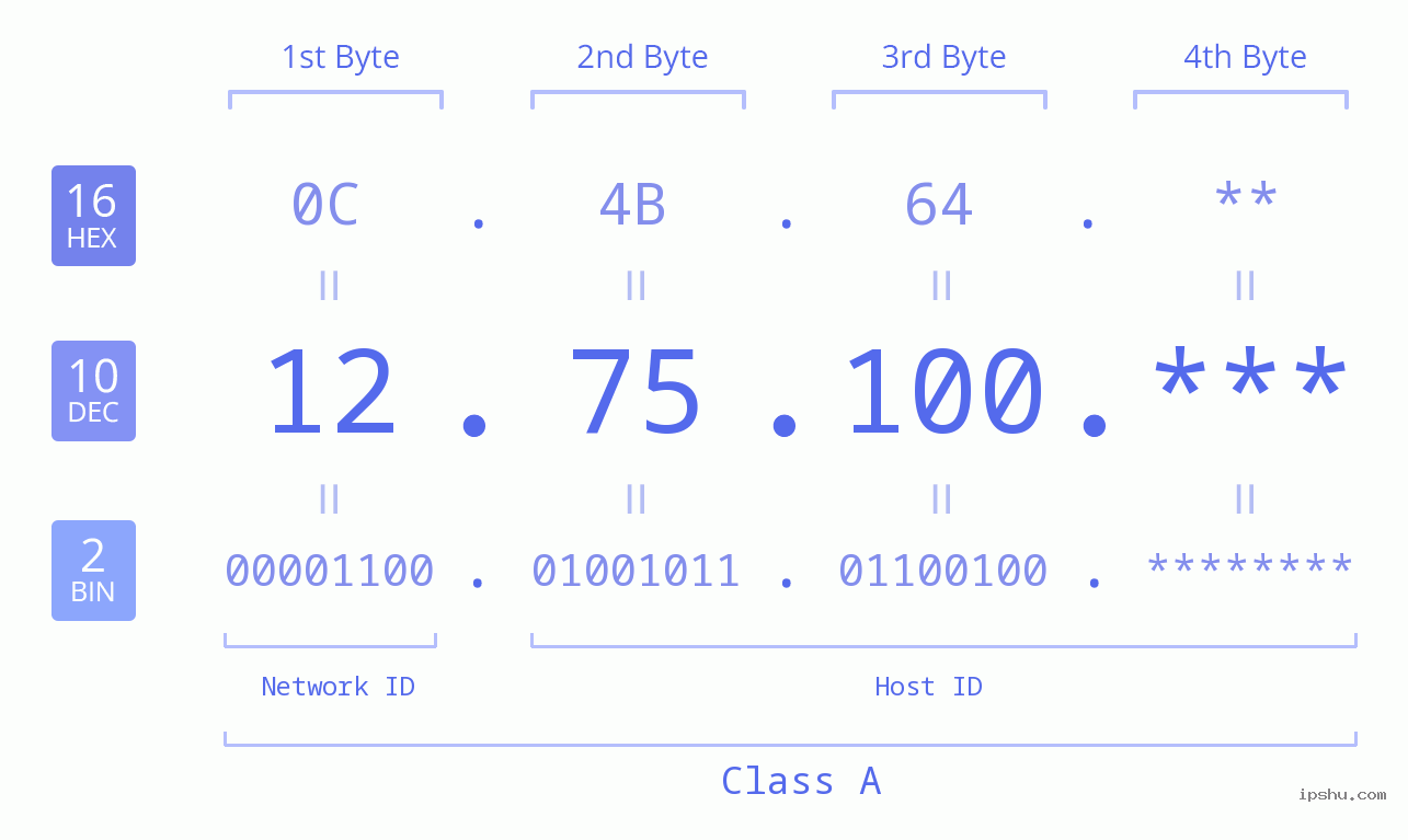 IP Address: 12.75.100 Data Structure Chart BIN DEC HEX IPv4: 12.75.100 Network Class, Net ID, Host ID