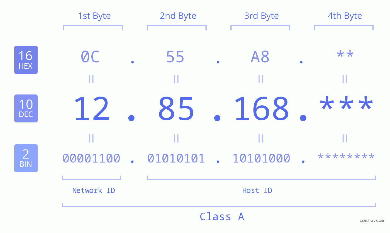 IP Address: 12.85.168 Data Structure Chart BIN DEC HEX IPv4: 12.85.168 Network Class, Net ID, Host ID