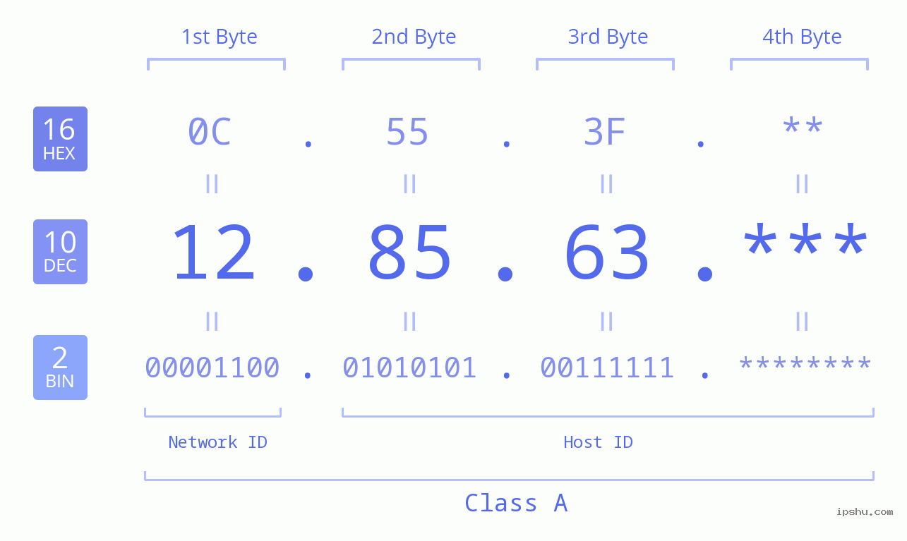 IP Address: 12.85.63 Data Structure Chart BIN DEC HEX IPv4: 12.85.63 Network Class, Net ID, Host ID