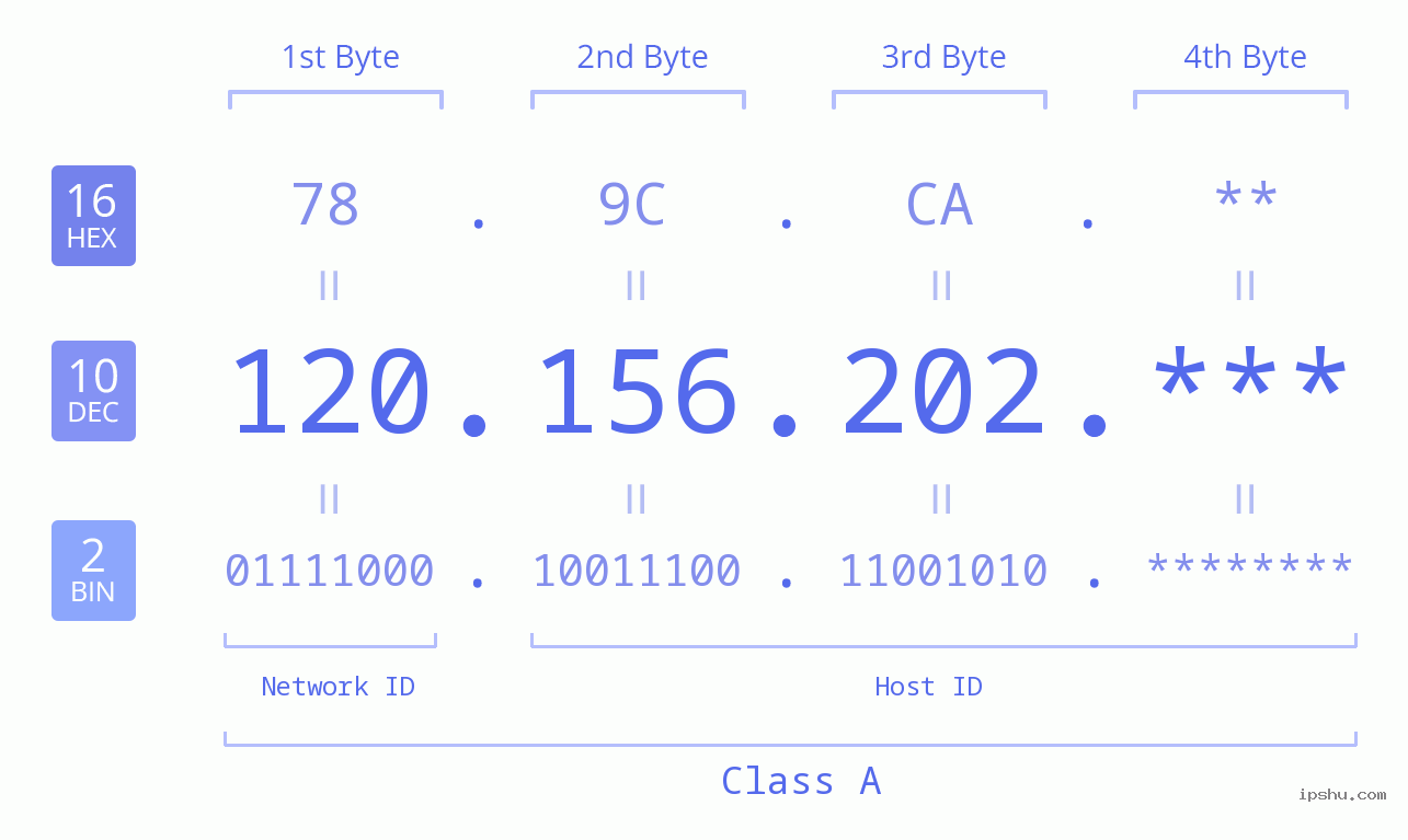 IP Address: 120.156.202 Data Structure Chart BIN DEC HEX IPv4: 120.156.202 Network Class, Net ID, Host ID