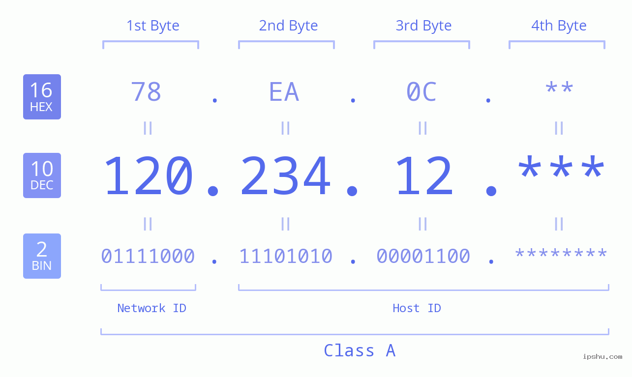 IP Address: 120.234.12 Data Structure Chart BIN DEC HEX IPv4: 120.234.12 Network Class, Net ID, Host ID