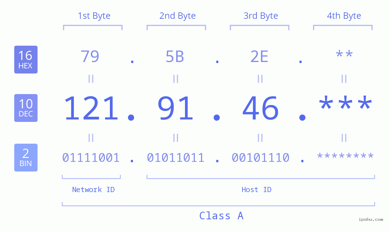 IP Address: 121.91.46 Data Structure Chart BIN DEC HEX IPv4: 121.91.46 Network Class, Net ID, Host ID