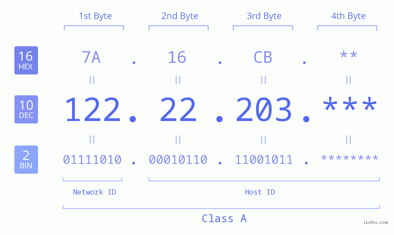 IP Address: 122.22.203 Data Structure Chart BIN DEC HEX IPv4: 122.22.203 Network Class, Net ID, Host ID