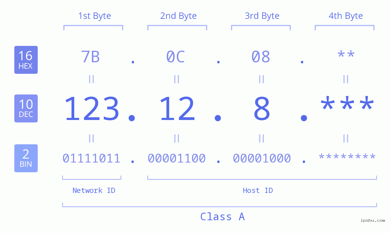 IP Address: 123.12.8 Data Structure Chart BIN DEC HEX IPv4: 123.12.8 Network Class, Net ID, Host ID