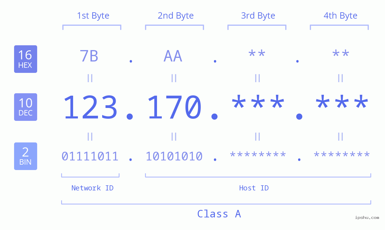 IP Address: 123.170 Data Structure Chart BIN DEC HEX IPv4: 123.170 Network Class, Net ID, Host ID