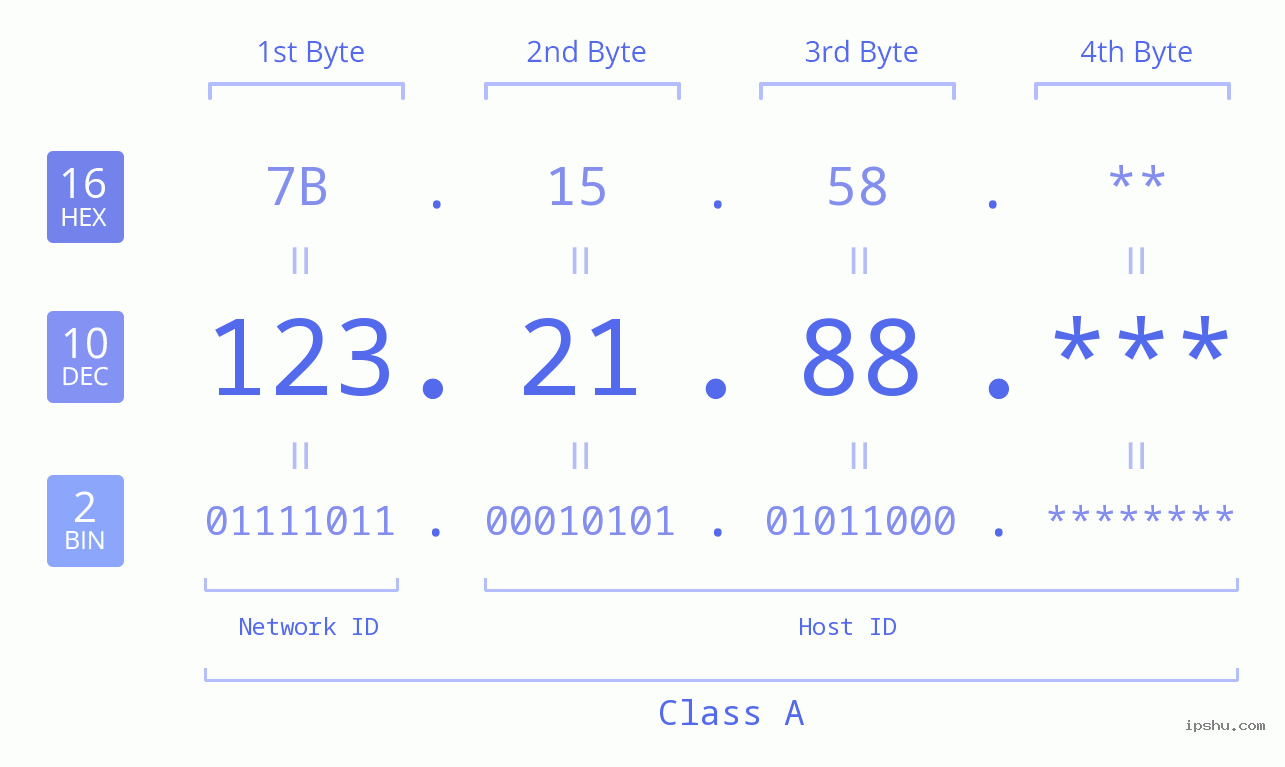 IP Address: 123.21.88 Data Structure Chart BIN DEC HEX IPv4: 123.21.88 Network Class, Net ID, Host ID