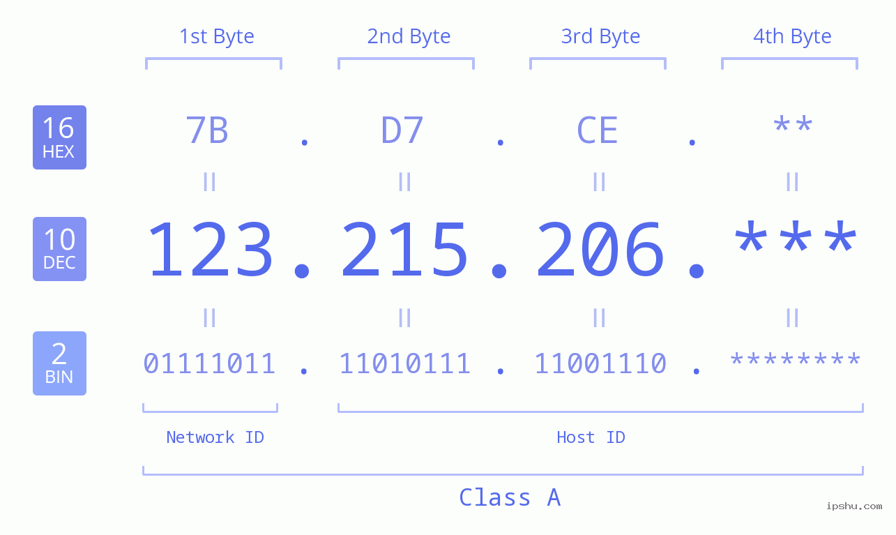 IP Address: 123.215.206 Data Structure Chart BIN DEC HEX IPv4: 123.215.206 Network Class, Net ID, Host ID