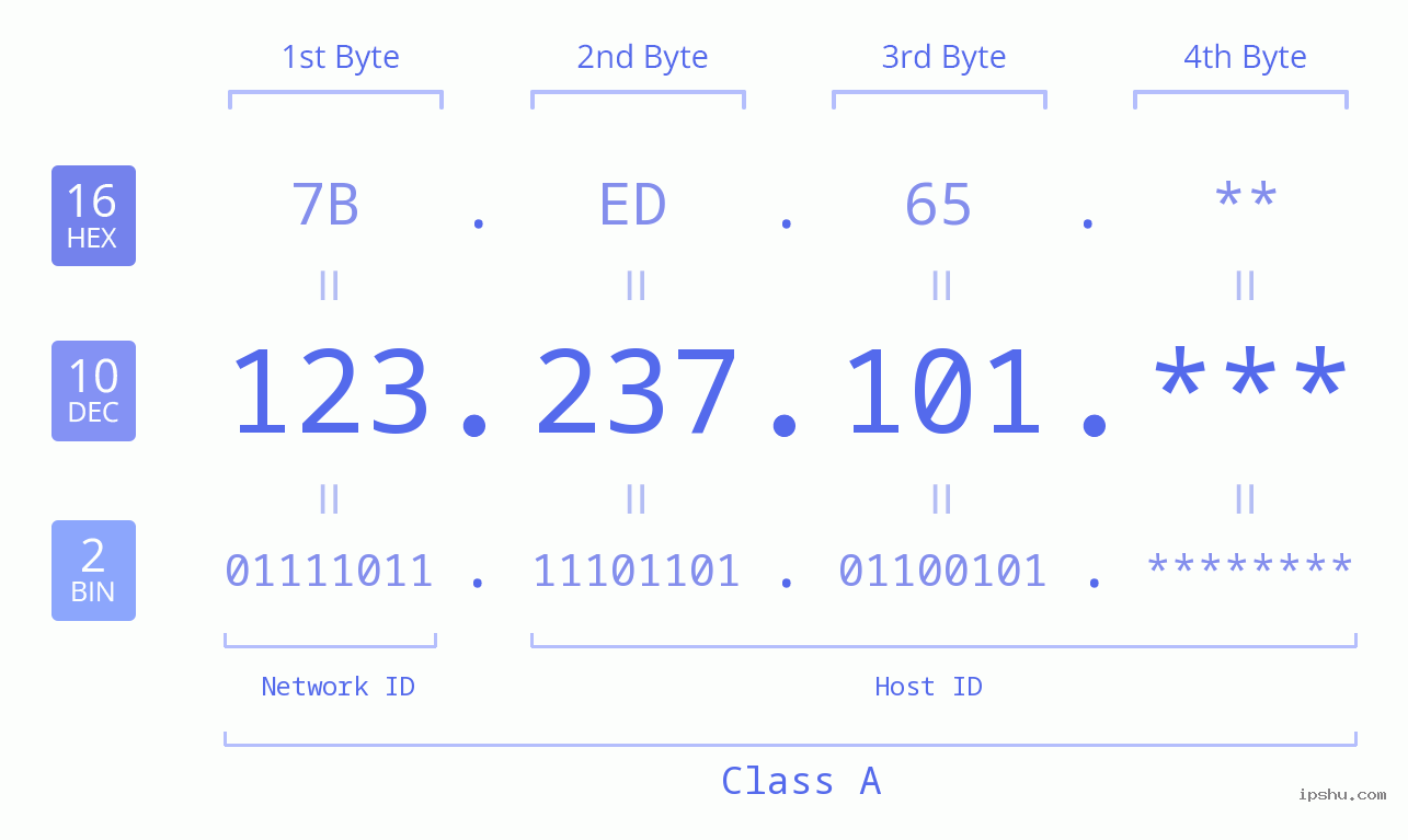 IP Address: 123.237.101 Data Structure Chart BIN DEC HEX IPv4: 123.237.101 Network Class, Net ID, Host ID