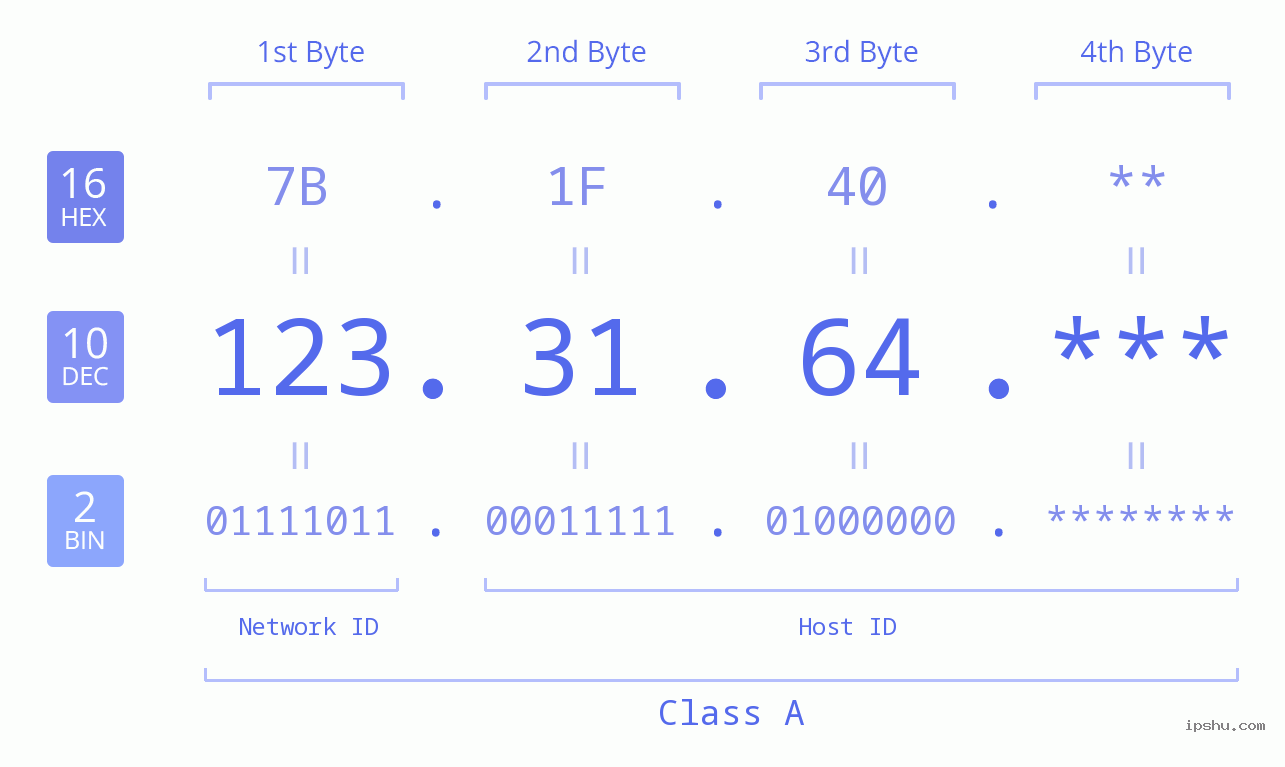 IP Address: 123.31.64 Data Structure Chart BIN DEC HEX IPv4: 123.31.64 Network Class, Net ID, Host ID