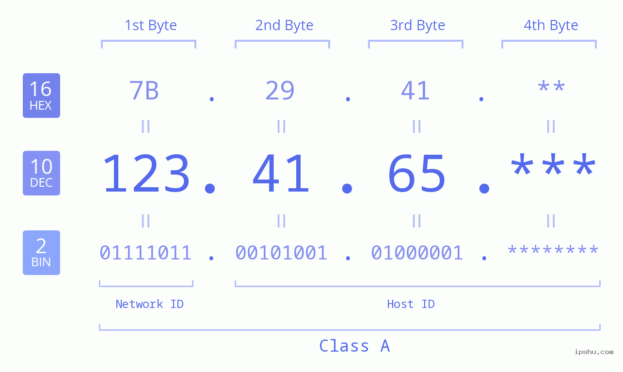 IP Address: 123.41.65 Data Structure Chart BIN DEC HEX IPv4: 123.41.65 Network Class, Net ID, Host ID
