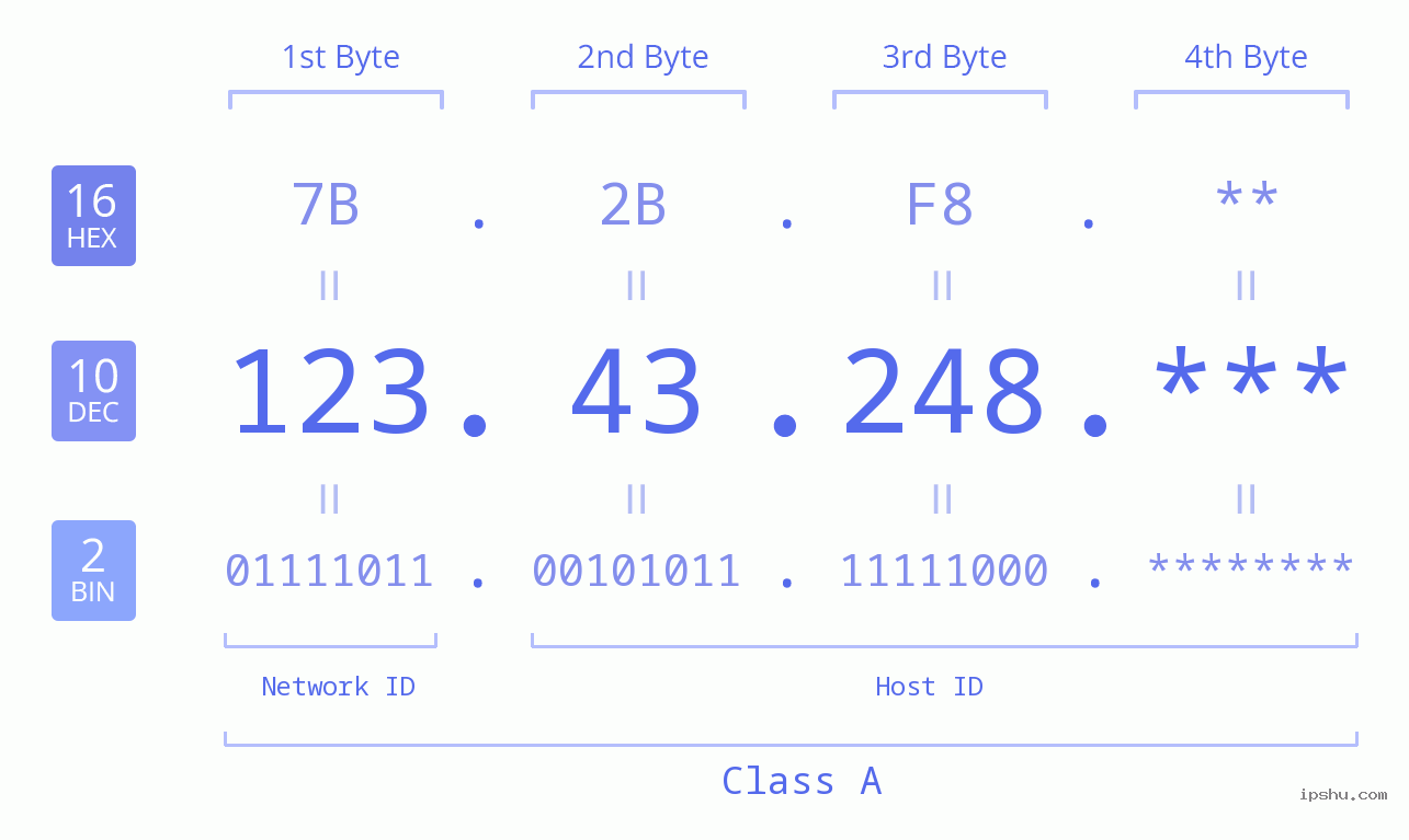IP Address: 123.43.248 Data Structure Chart BIN DEC HEX IPv4: 123.43.248 Network Class, Net ID, Host ID