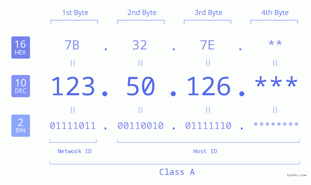 IP Address: 123.50.126 Data Structure Chart BIN DEC HEX IPv4: 123.50.126 Network Class, Net ID, Host ID