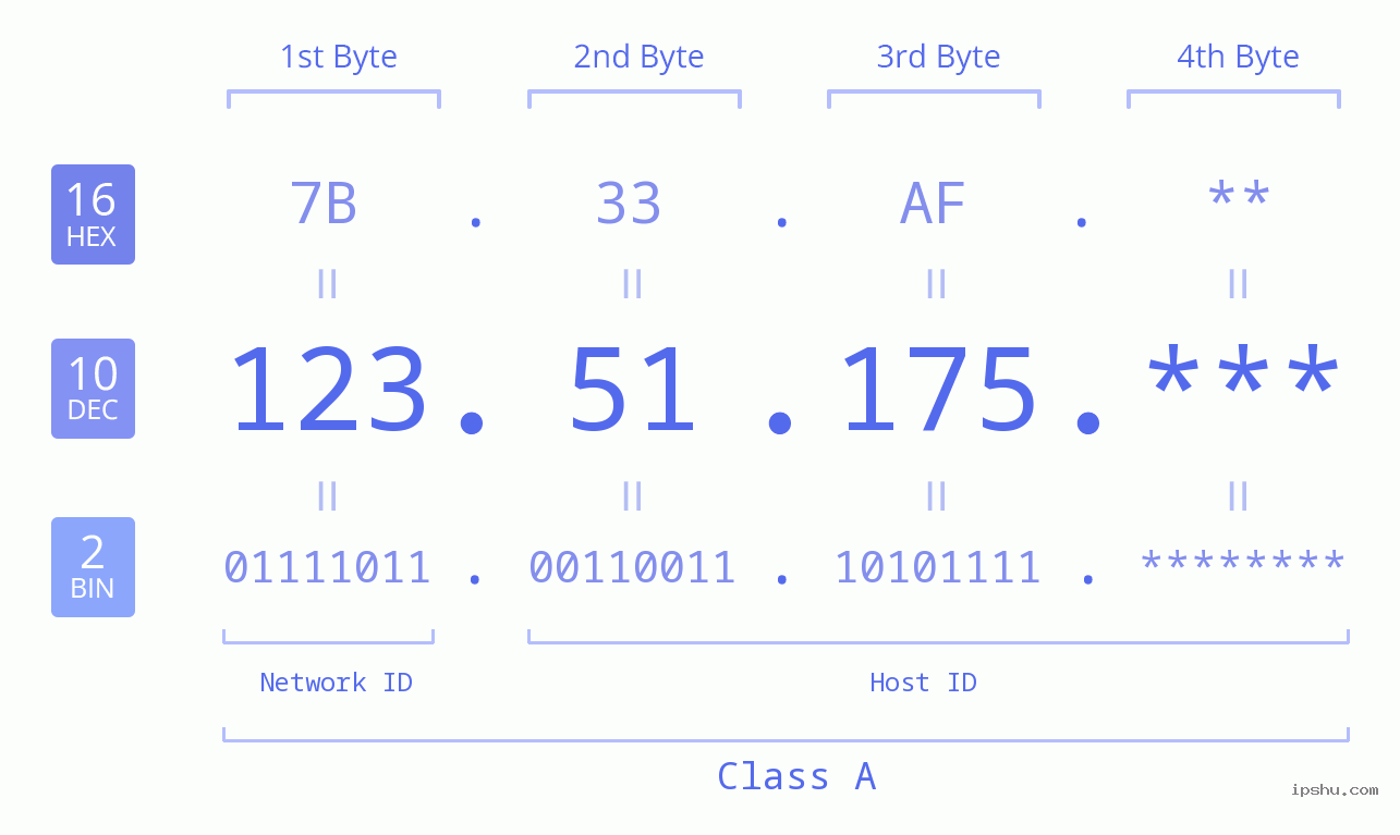 IP Address: 123.51.175 Data Structure Chart BIN DEC HEX IPv4: 123.51.175 Network Class, Net ID, Host ID