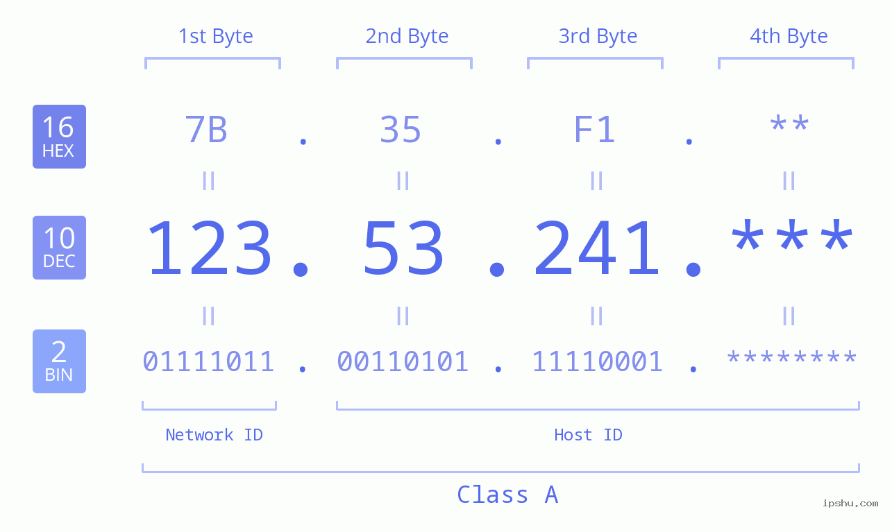 IP Address: 123.53.241 Data Structure Chart BIN DEC HEX IPv4: 123.53.241 Network Class, Net ID, Host ID