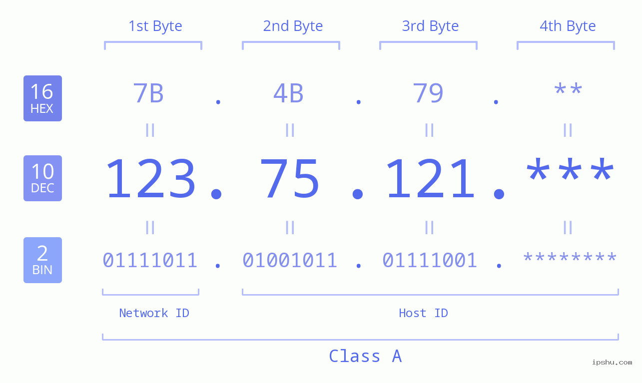 IP Address: 123.75.121 Data Structure Chart BIN DEC HEX IPv4: 123.75.121 Network Class, Net ID, Host ID