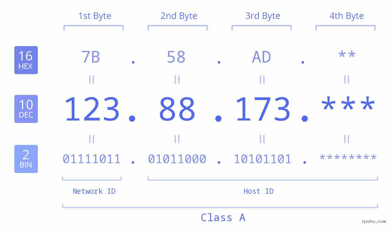 IP Address: 123.88.173 Data Structure Chart BIN DEC HEX IPv4: 123.88.173 Network Class, Net ID, Host ID