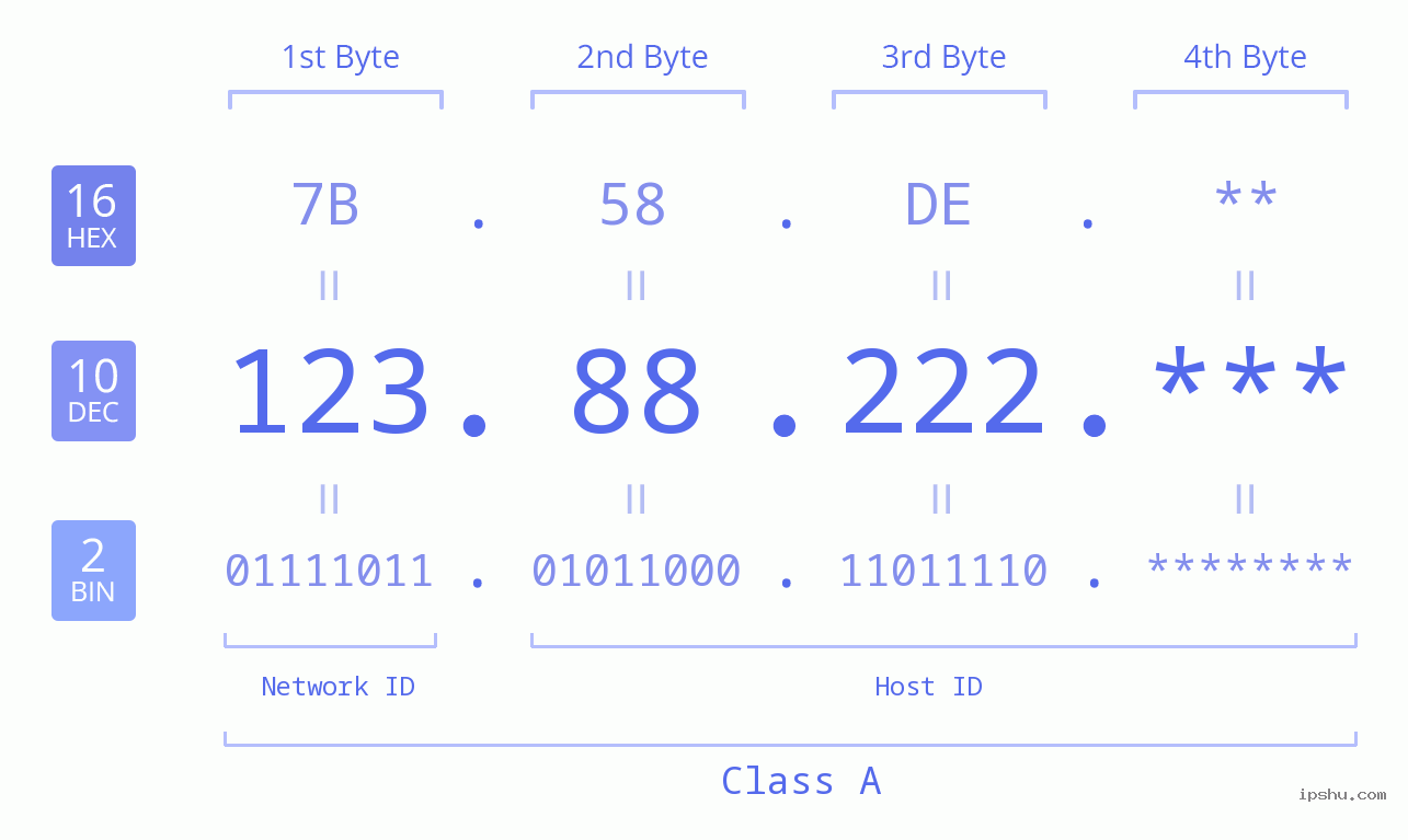 IP Address: 123.88.222 Data Structure Chart BIN DEC HEX IPv4: 123.88.222 Network Class, Net ID, Host ID