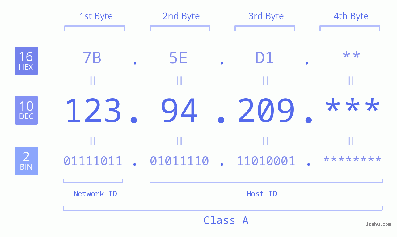IP Address: 123.94.209 Data Structure Chart BIN DEC HEX IPv4: 123.94.209 Network Class, Net ID, Host ID
