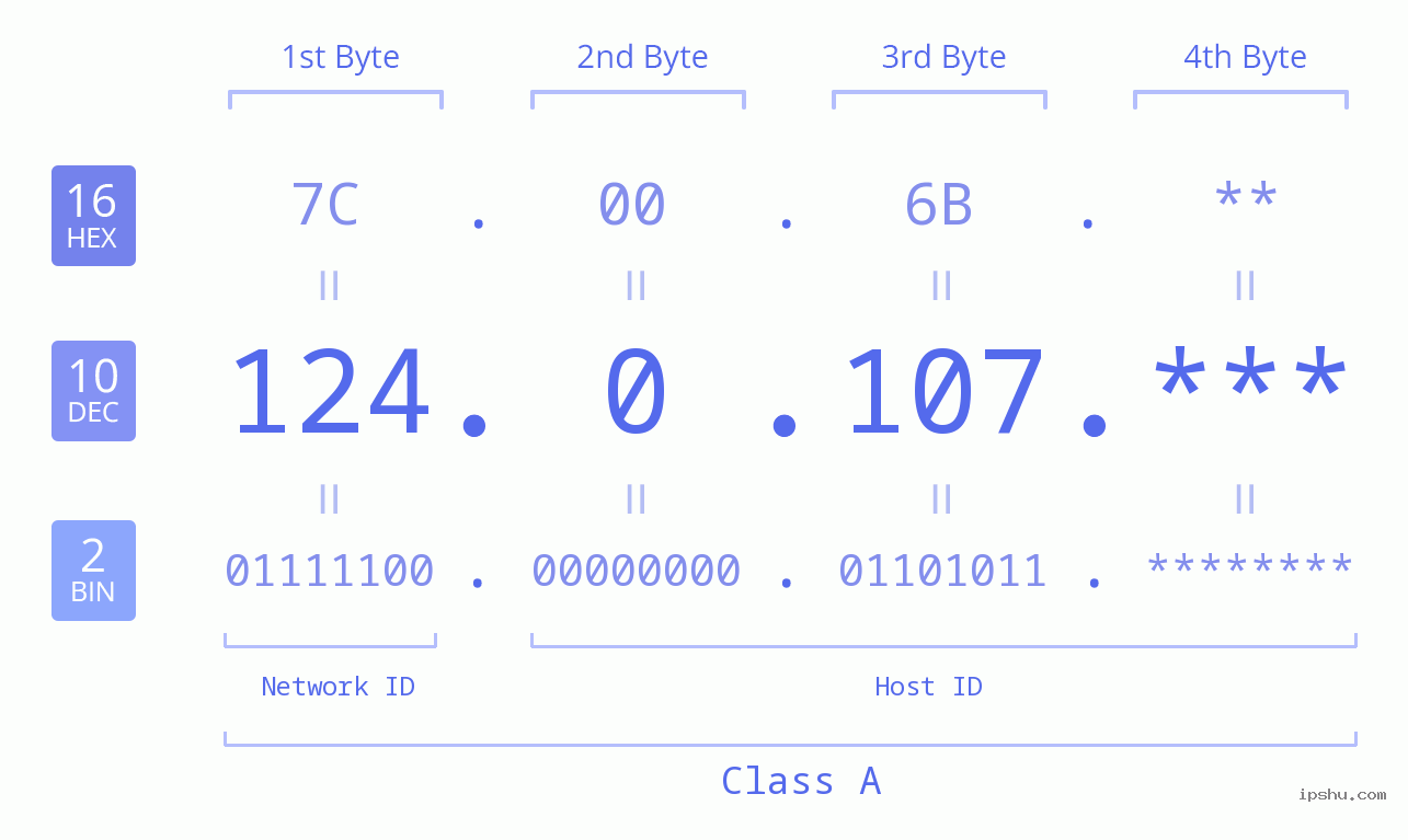 IP Address: 124.0.107 Data Structure Chart BIN DEC HEX IPv4: 124.0.107 Network Class, Net ID, Host ID