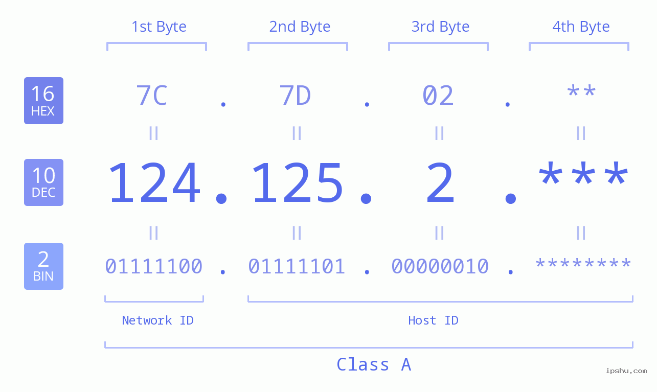 IP Address: 124.125.2 Data Structure Chart BIN DEC HEX IPv4: 124.125.2 Network Class, Net ID, Host ID