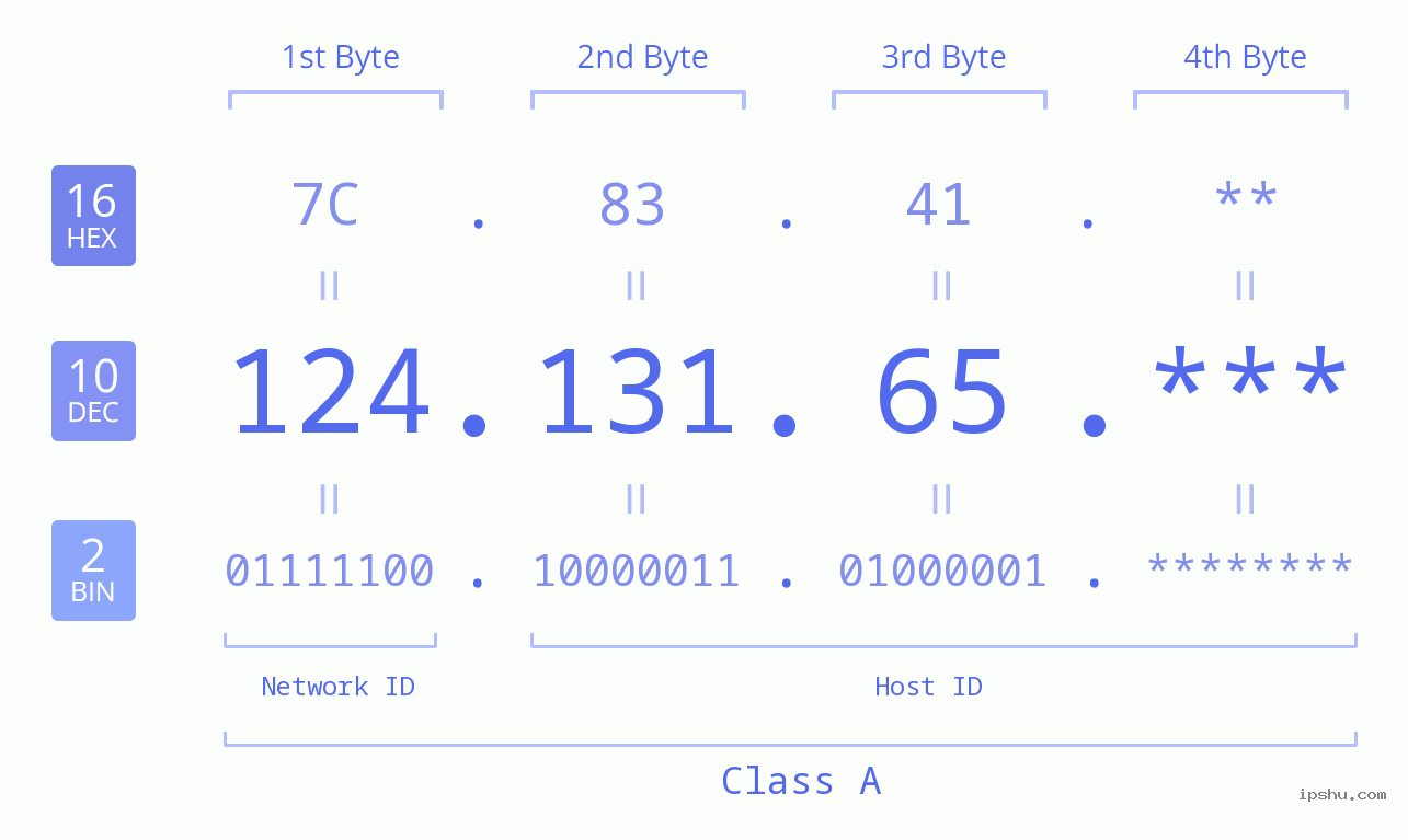IP Address: 124.131.65 Data Structure Chart BIN DEC HEX IPv4: 124.131.65 Network Class, Net ID, Host ID