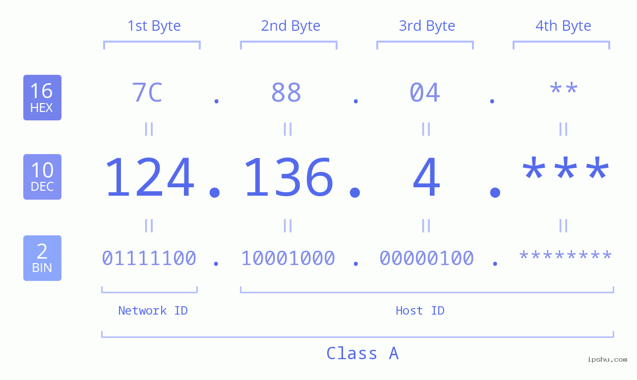 IP Address: 124.136.4 Data Structure Chart BIN DEC HEX IPv4: 124.136.4 Network Class, Net ID, Host ID