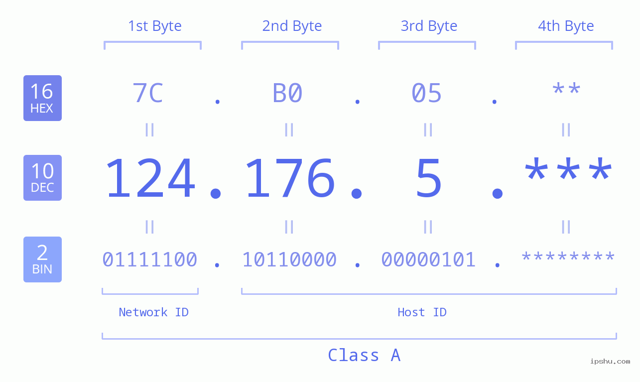 IP Address: 124.176.5 Data Structure Chart BIN DEC HEX IPv4: 124.176.5 Network Class, Net ID, Host ID