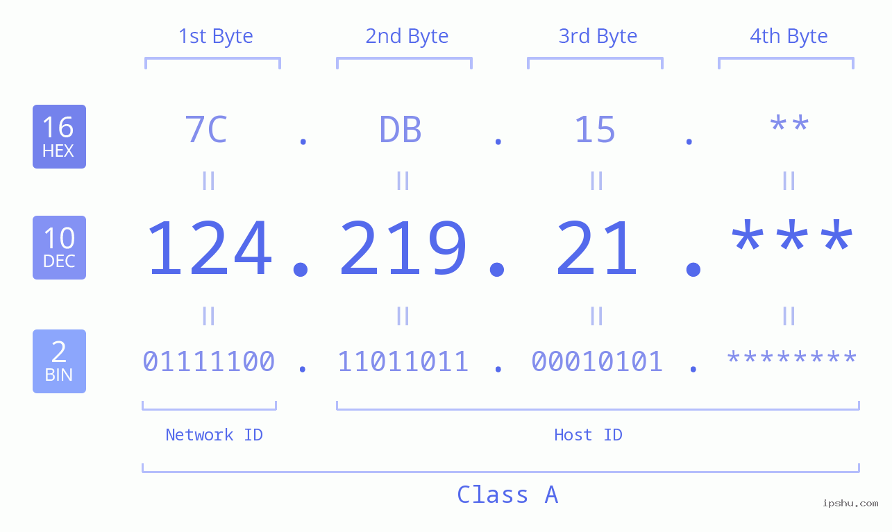 IP Address: 124.219.21 Data Structure Chart BIN DEC HEX IPv4: 124.219.21 Network Class, Net ID, Host ID