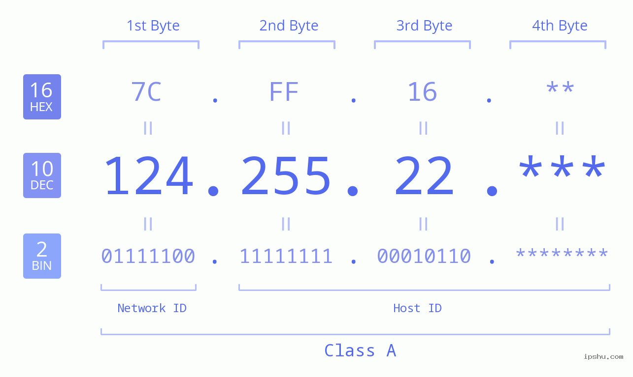 IP Address: 124.255.22 Data Structure Chart BIN DEC HEX IPv4: 124.255.22 Network Class, Net ID, Host ID