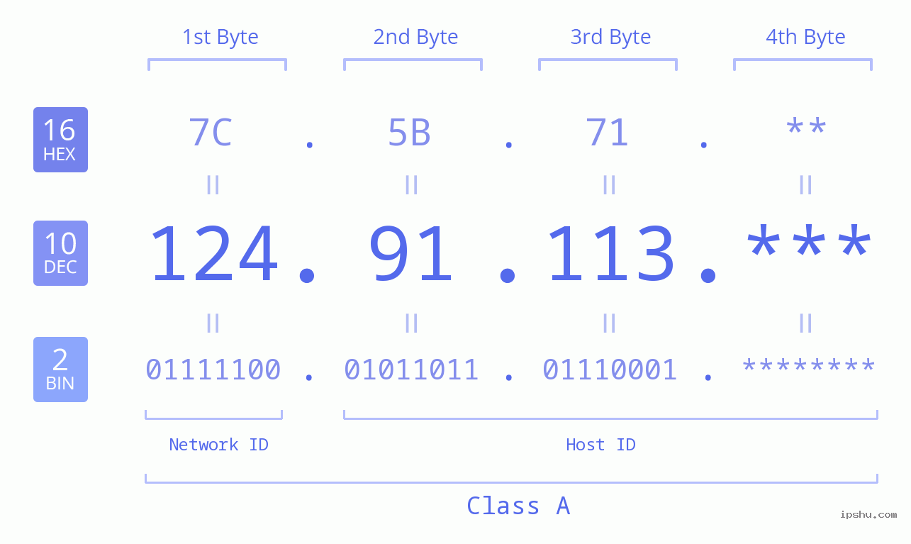 IP Address: 124.91.113 Data Structure Chart BIN DEC HEX IPv4: 124.91.113 Network Class, Net ID, Host ID