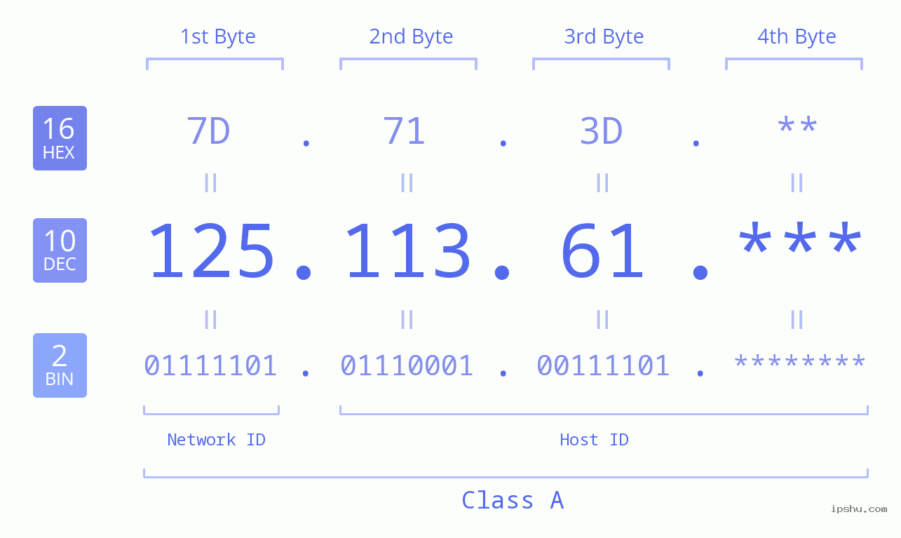 IP Address: 125.113.61 Data Structure Chart BIN DEC HEX IPv4: 125.113.61 Network Class, Net ID, Host ID
