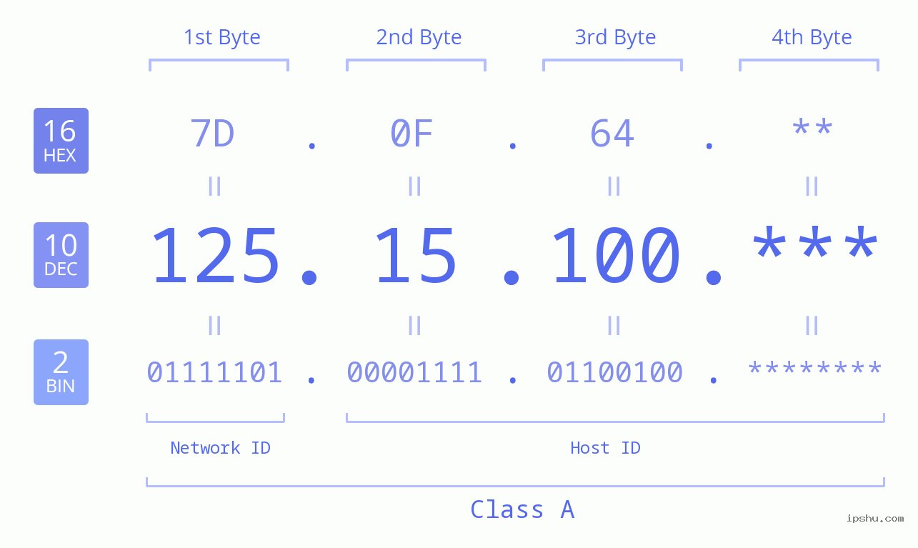 IP Address: 125.15.100 Data Structure Chart BIN DEC HEX IPv4: 125.15.100 Network Class, Net ID, Host ID