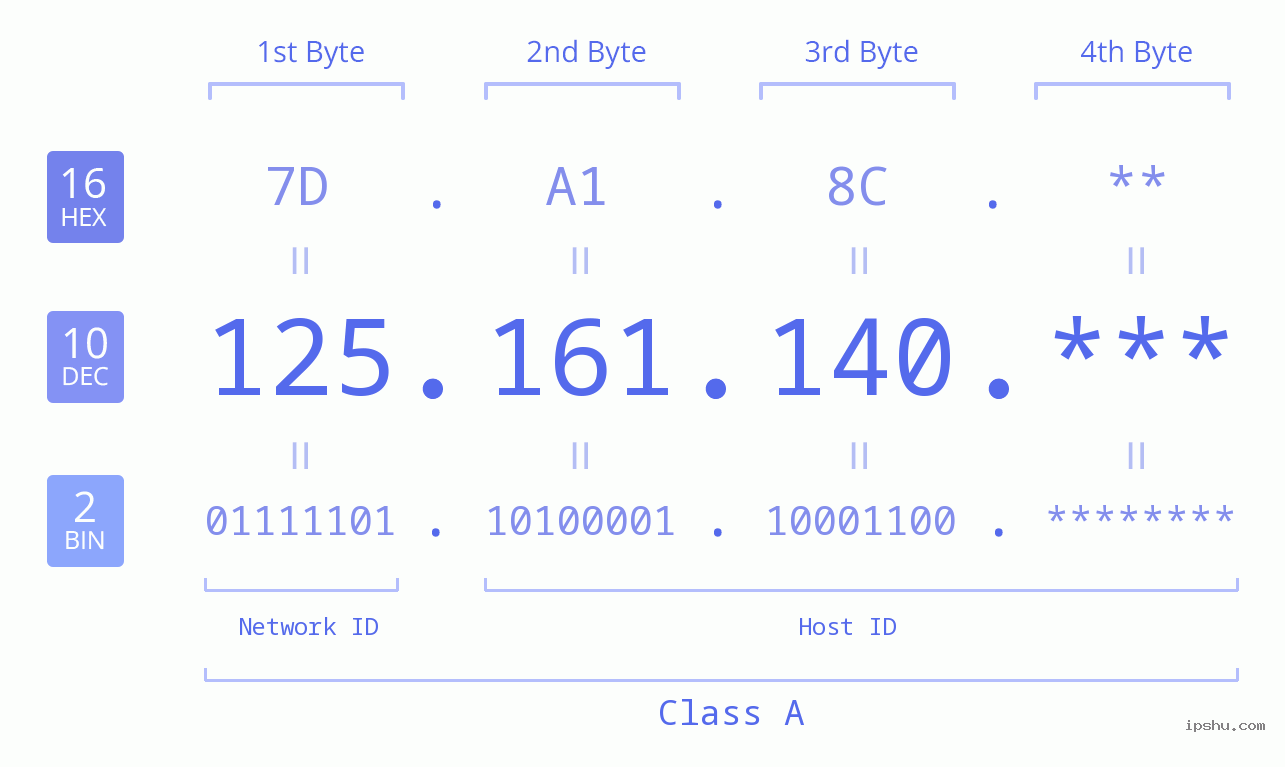 IP Address: 125.161.140 Data Structure Chart BIN DEC HEX IPv4: 125.161.140 Network Class, Net ID, Host ID