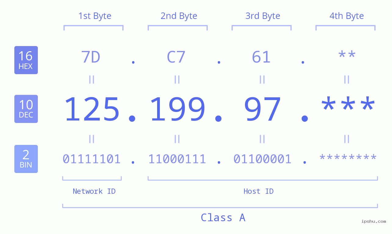 IP Address: 125.199.97 Data Structure Chart BIN DEC HEX IPv4: 125.199.97 Network Class, Net ID, Host ID