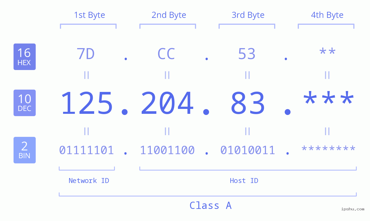 IP Address: 125.204.83 Data Structure Chart BIN DEC HEX IPv4: 125.204.83 Network Class, Net ID, Host ID