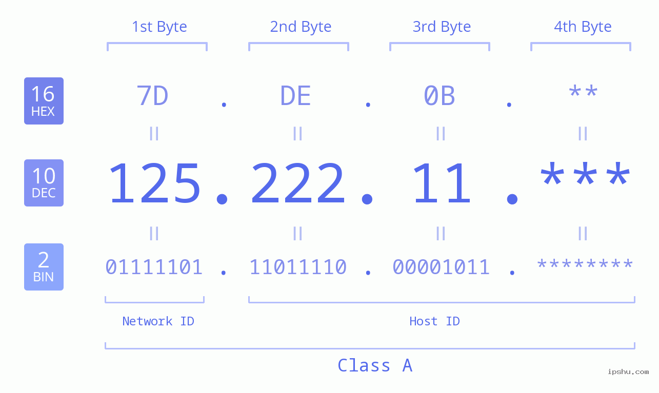 IP Address: 125.222.11 Data Structure Chart BIN DEC HEX IPv4: 125.222.11 Network Class, Net ID, Host ID