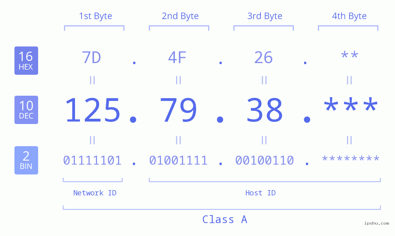 IP Address: 125.79.38 Data Structure Chart BIN DEC HEX IPv4: 125.79.38 Network Class, Net ID, Host ID