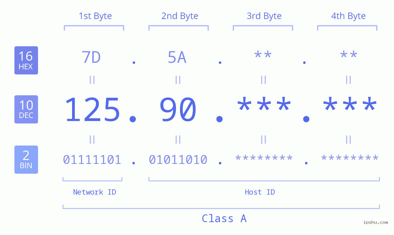 IP Address: 125.90 Data Structure Chart BIN DEC HEX IPv4: 125.90 Network Class, Net ID, Host ID