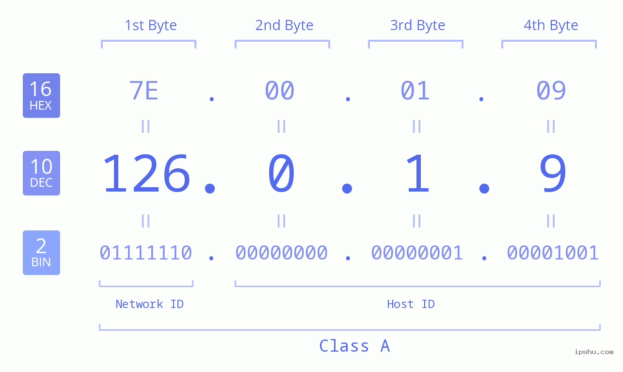 IP Address: 126.0.1.9 Data Structure Chart BIN DEC HEX IPv4: 126.0.1.9 Network Class, Net ID, Host ID