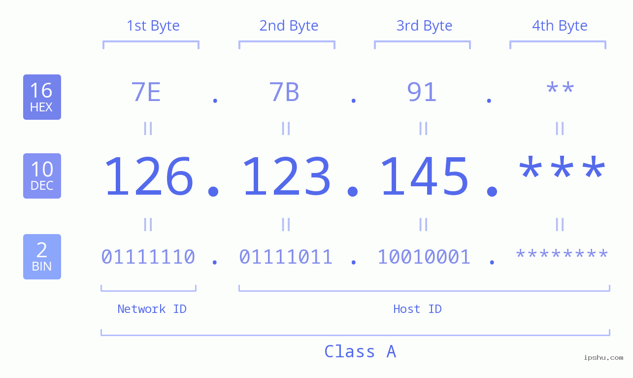 IP Address: 126.123.145 Data Structure Chart BIN DEC HEX IPv4: 126.123.145 Network Class, Net ID, Host ID