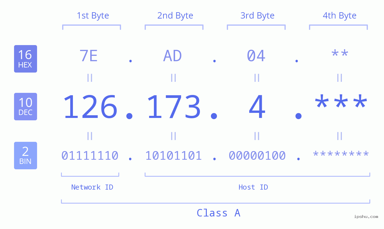 IP Address: 126.173.4 Data Structure Chart BIN DEC HEX IPv4: 126.173.4 Network Class, Net ID, Host ID