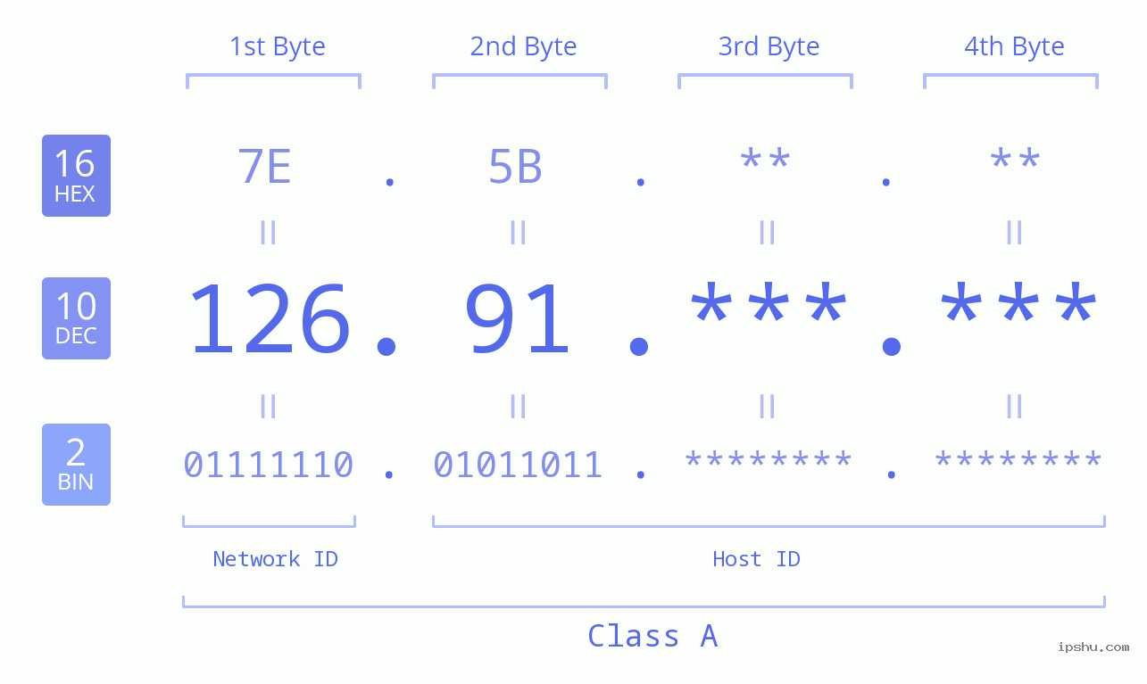 IP Address: 126.91 Data Structure Chart BIN DEC HEX IPv4: 126.91 Network Class, Net ID, Host ID