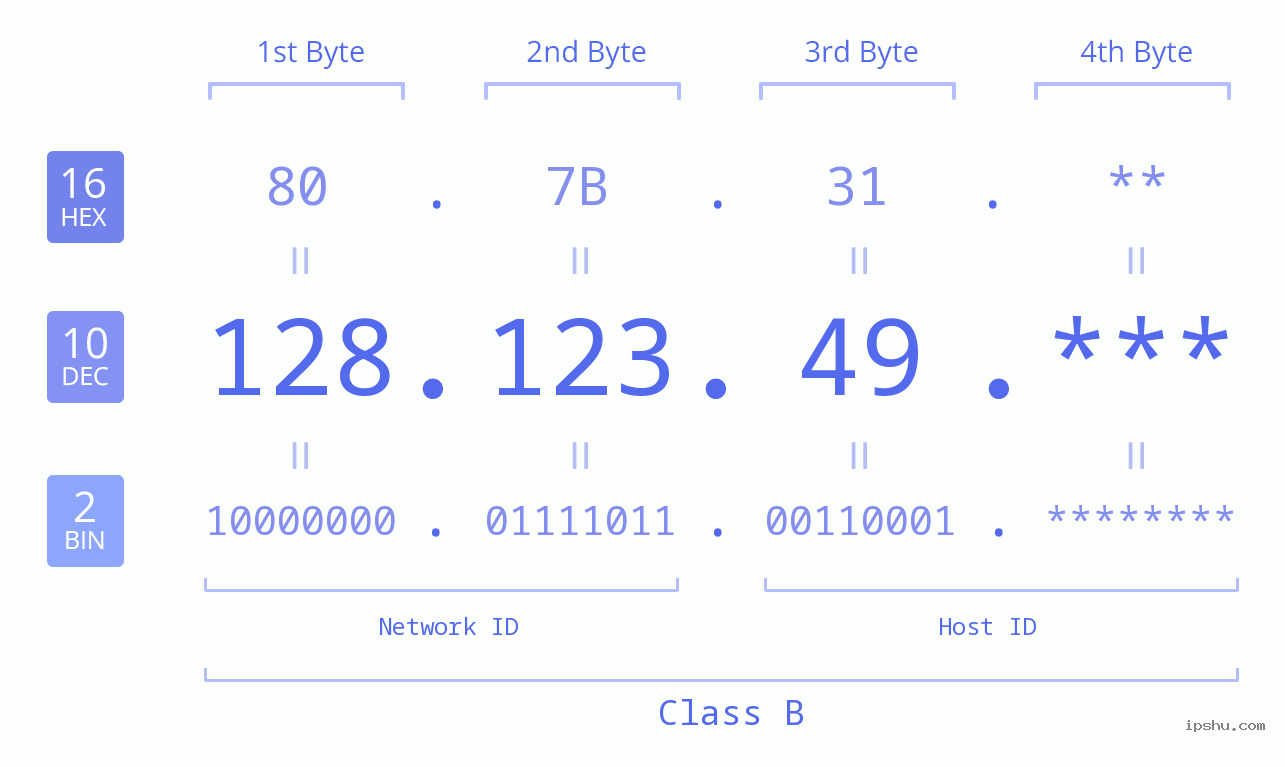 IP Address: 128.123.49 Data Structure Chart BIN DEC HEX IPv4: 128.123.49 Network Class, Net ID, Host ID
