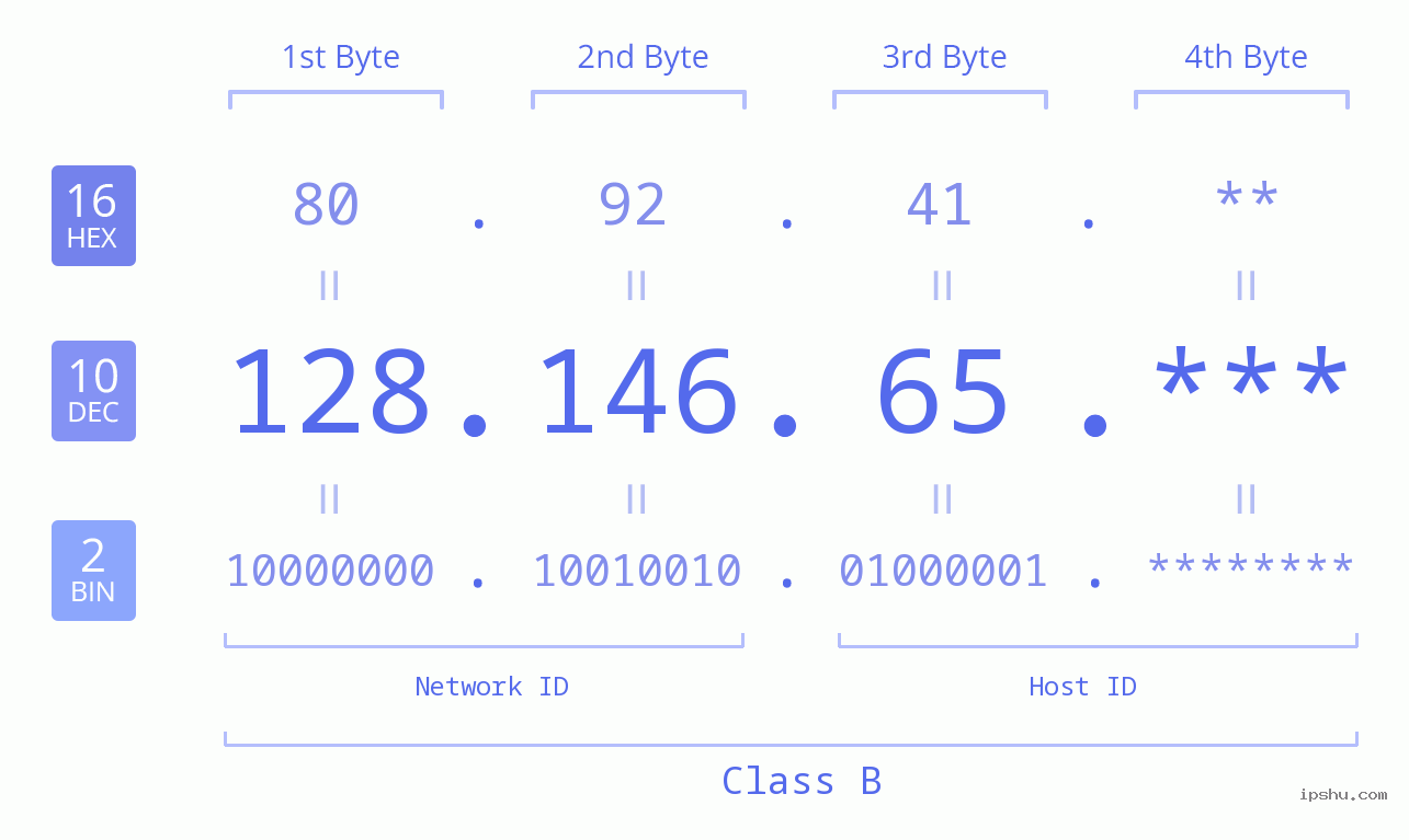 IP Address: 128.146.65 Data Structure Chart BIN DEC HEX IPv4: 128.146.65 Network Class, Net ID, Host ID