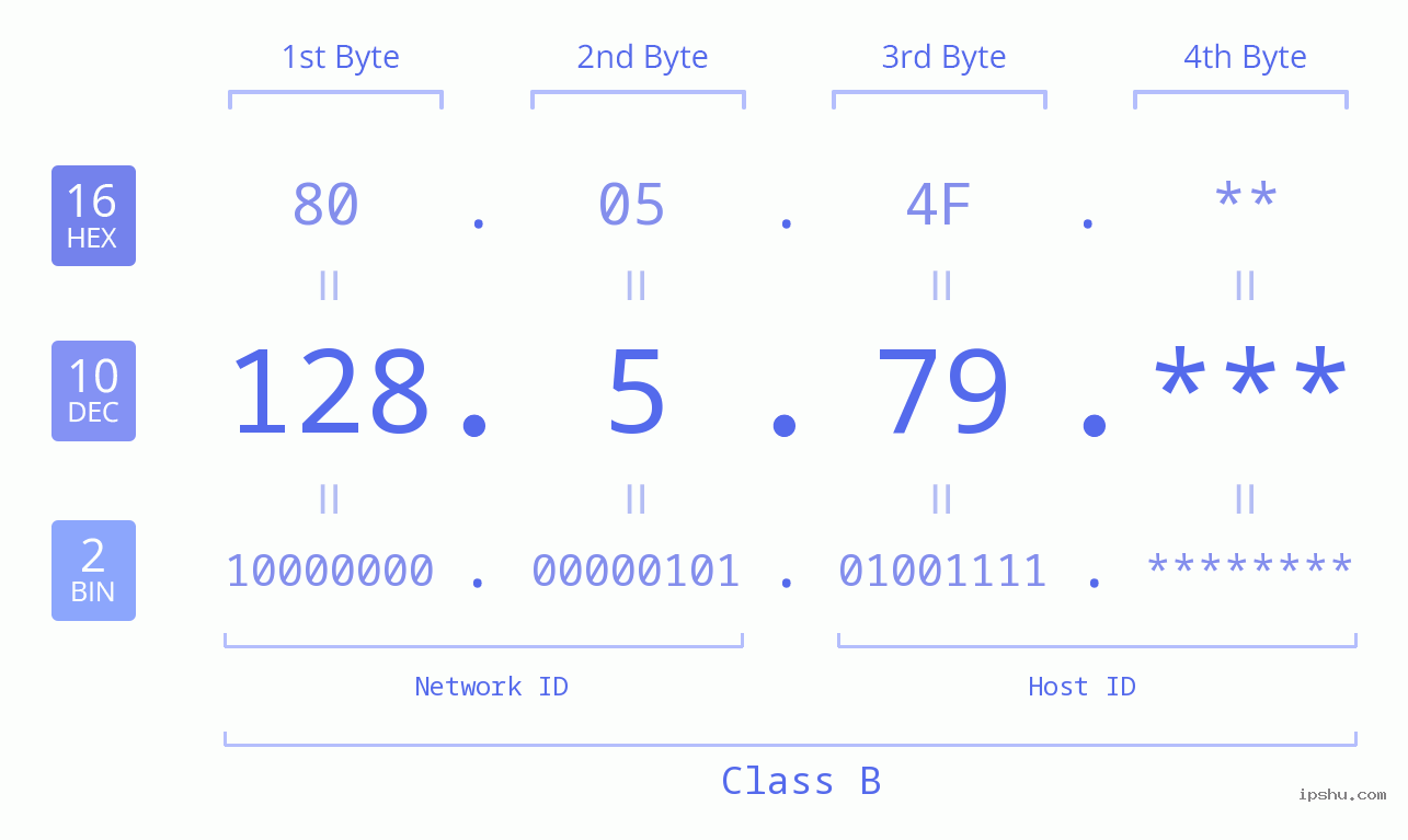 IP Address: 128.5.79 Data Structure Chart BIN DEC HEX IPv4: 128.5.79 Network Class, Net ID, Host ID