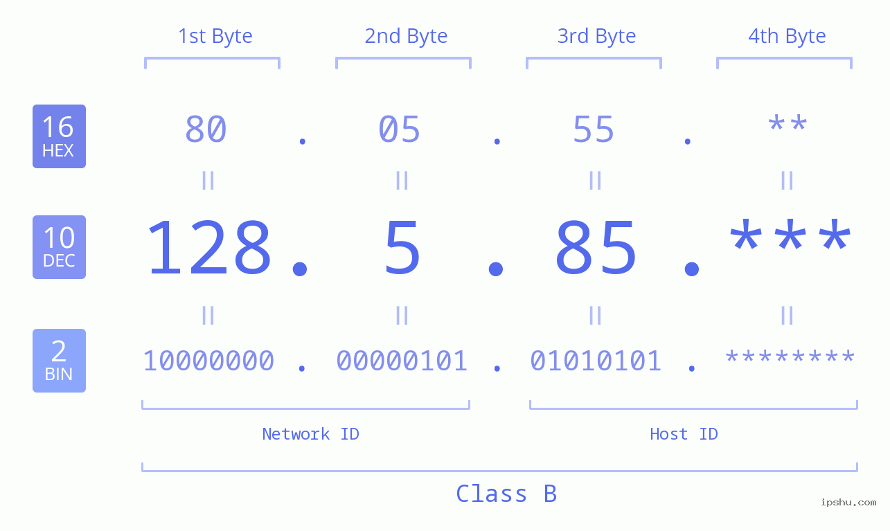 IP Address: 128.5.85 Data Structure Chart BIN DEC HEX IPv4: 128.5.85 Network Class, Net ID, Host ID