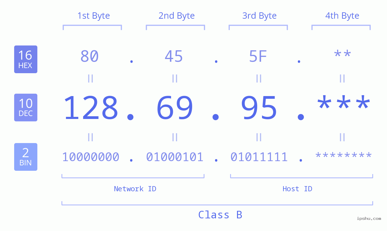 IP Address: 128.69.95 Data Structure Chart BIN DEC HEX IPv4: 128.69.95 Network Class, Net ID, Host ID